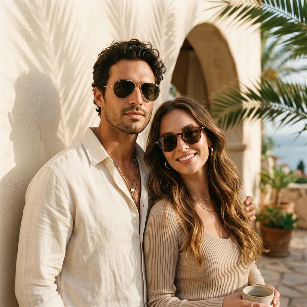 Collection femme — couple portant des lunettes NOVARA au soleil